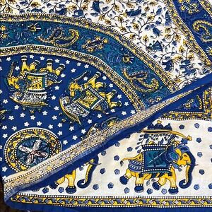 Blue and Yellow Elephant Print Fabric boho tapestry tablecloth coverlet decor